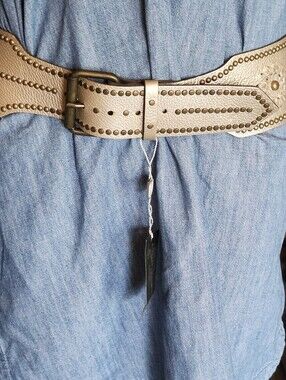 Studded And Laced Wide Contoured Champagne Leather Belt